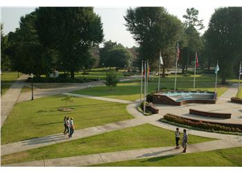 aerial view of a college campus with a central plaza