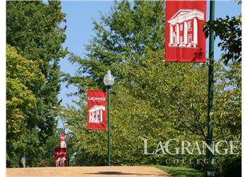 flags on lamp posts with 'LaGrange College' visible