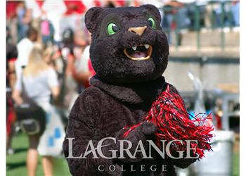 mascot with 'LaGrange College' on costume standing at event