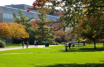 campus view with students walking