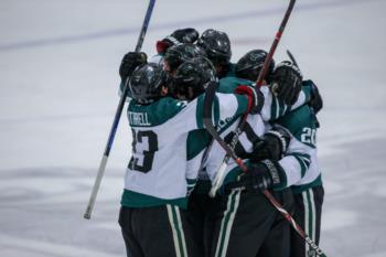 hockey team in a huddle celebrating a goal