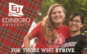 two students with 'edinboro university for those who strive'