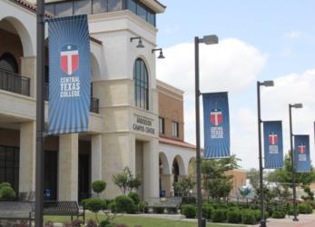 Central Texas College campus building and flags