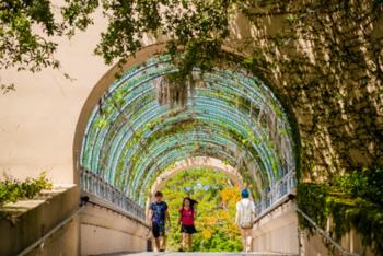 walkway under a colorful arch with students