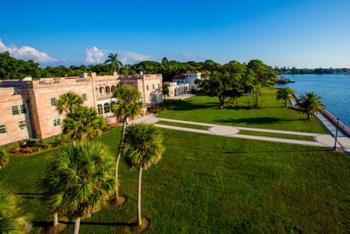 aerial view of campus buildings and bay